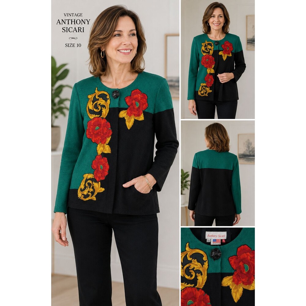 Vintage Anthony Sicari Art Wear Floral Colorblock Sweater Jacket Women's 10